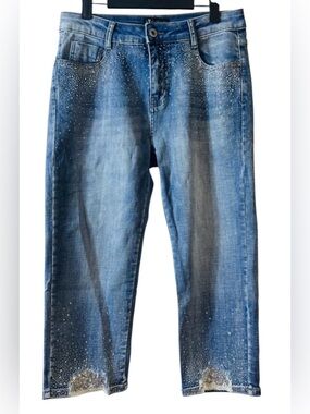 Alison Sheri‎ Sequin Embellished Denim Capris Rise 11” Inseam 22” size L NWT